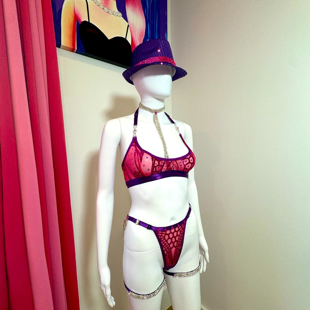 Pink & Purple Sequin Rhinestone Burlesque 5 Piece Lingerie Set XS/XS Hand Sewn